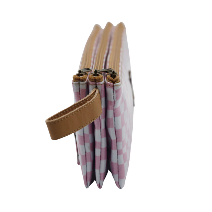 3 Zip Pencil Case - Warped Check Pink