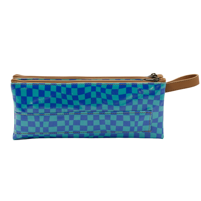 3 Zip Pencil Case - Warped Check Aqua