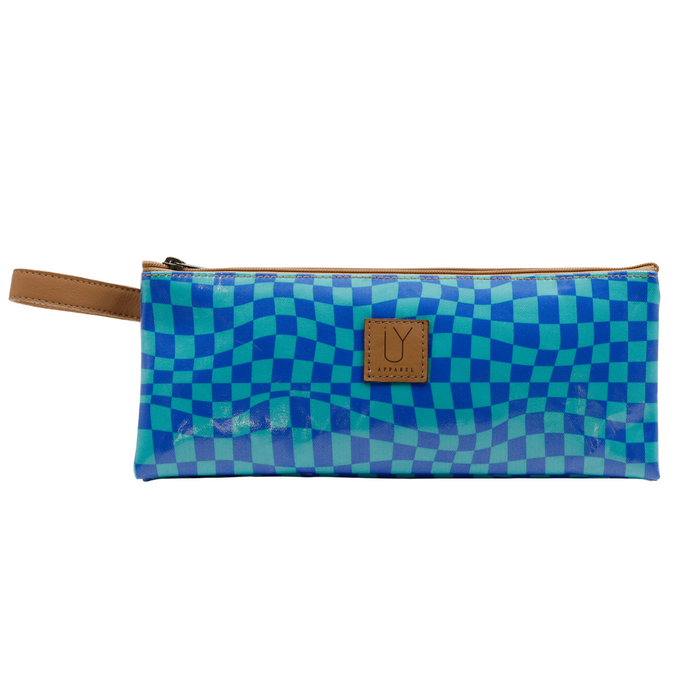 3 Zip Pencil Case - Warped Check Aqua